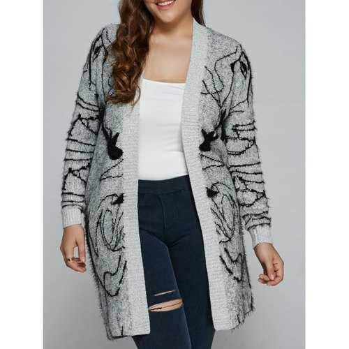 Plus Size Print Thick Sweater Cardigan - Gray Xl