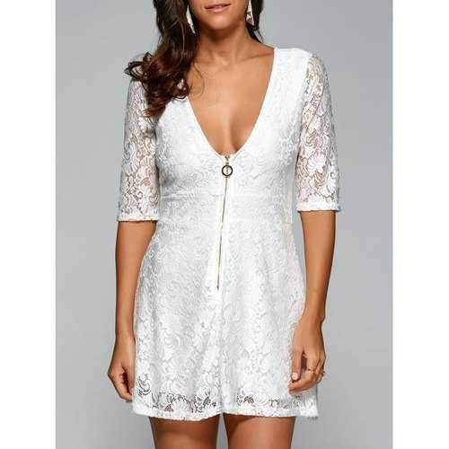 Plunging Neck Zipper Lace Club Dress - White Xl