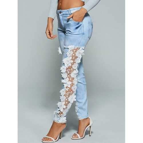 Lace Crochet See Through Jeans - Light Blue S