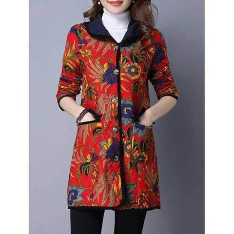 Floral Print Hooded Quilted Coat with Pockets - Jacinth L