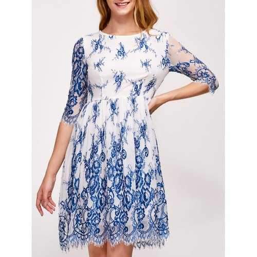 Floral Embroidery Wave Cut Lace Swing Dress - Blue S