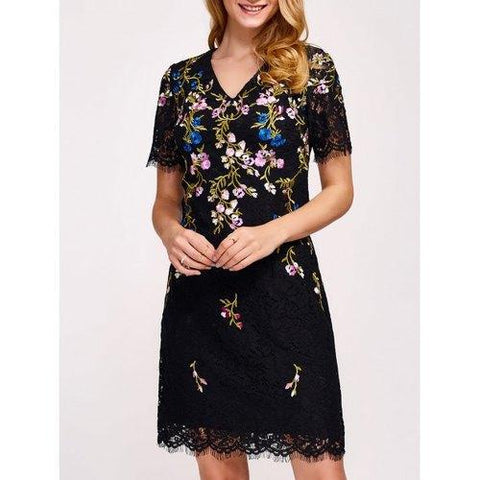 Flower Embroidered Wave Cut Sheath Lace Dress - Black Xl