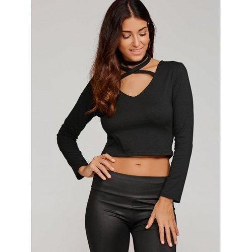 V Neck Halter Crisscross Crop Top - Black M