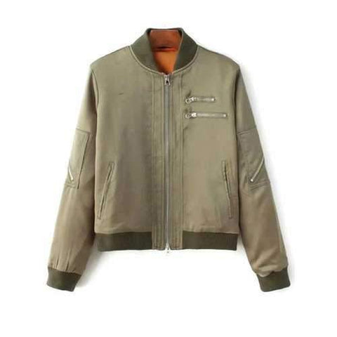 Stand Neck Multiple Zippers Bomber Jacket - Army Green S