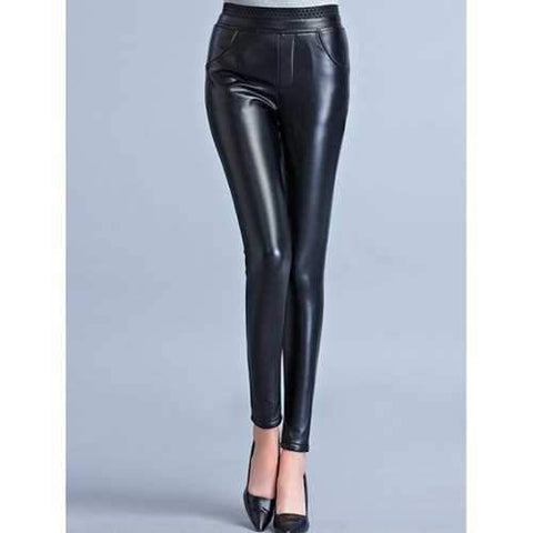 Stretchy Faux Leather Flocking Pants - Black Xl