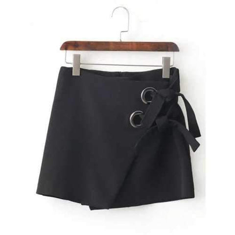 Lace-Up A Line Mini Skirt - Black L