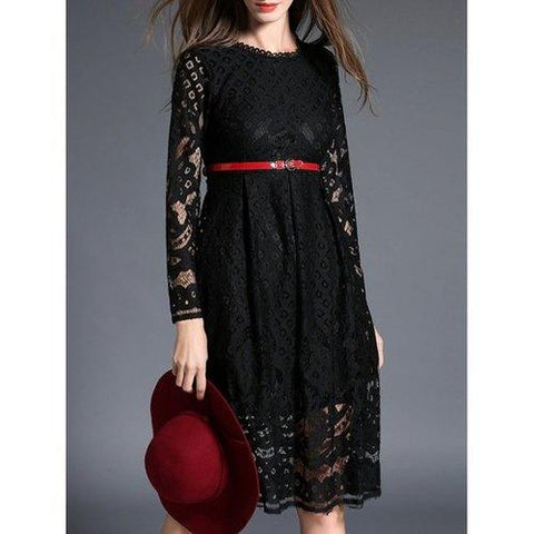 Cut Out Belted Lace A-Line Dress - Black S