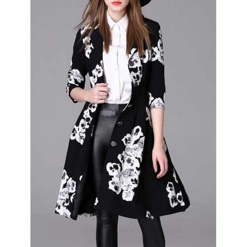 Floral Buttoned Coat - Black M