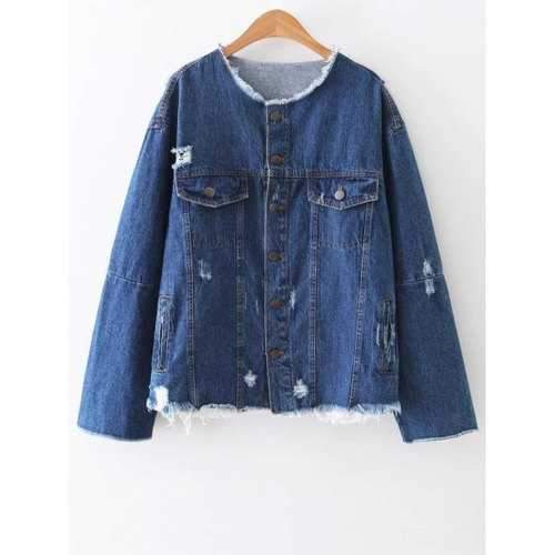 Patched Ripped Denim Jacket - Blue L