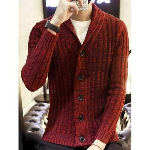 Shawl Collar Ribbed Knit Cardigan - Wine Red 3xl