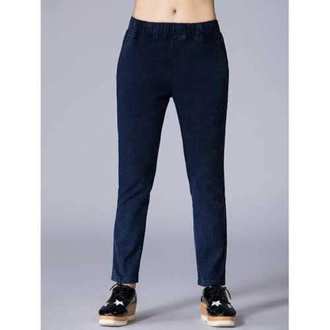 Pockets Design Elastic Waist Denim Pants - Deep Blue Xl