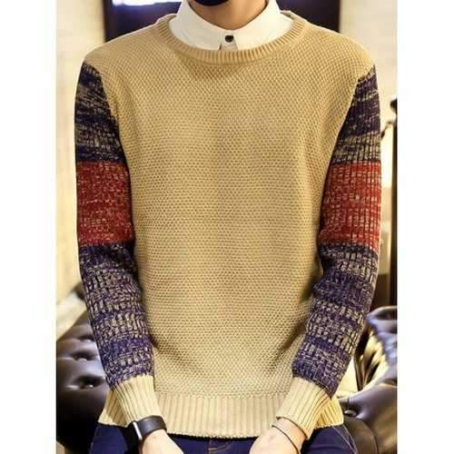 Ribbed Knitted Round Neck Color Block Sweater - Khaki L