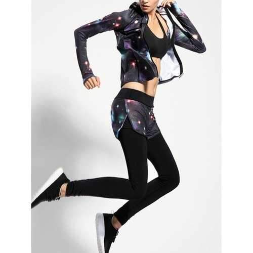 Hooded Printed Jacket and Colorful Sky Running Pants - Black S