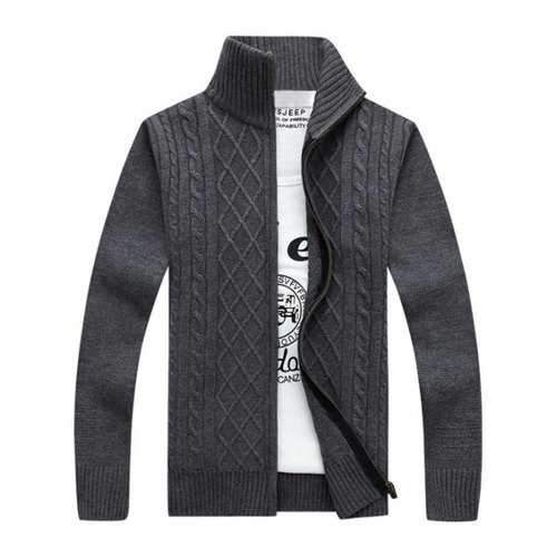 Stand Collar Zip-Up Cable Knitted Cardigan - Gray 3xl