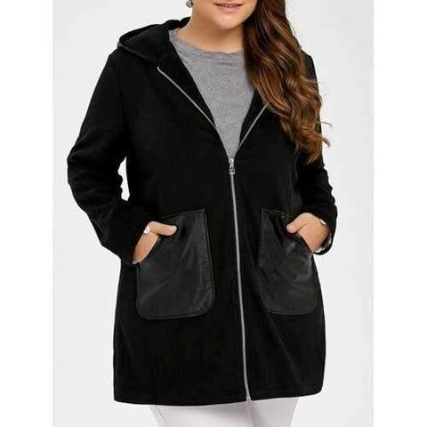 Plus Size PU Leather Trim Coat - Black Xl