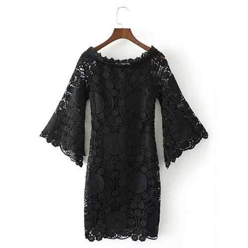 Flare Sleeve Lace Bodycon Dress - Black M