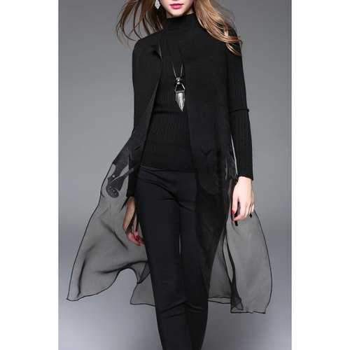 Silk Panel Slit Long Vest - Black M