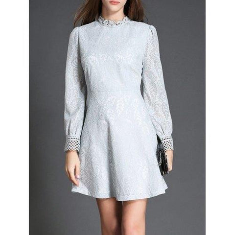 Crochet Trim Lace A Line Dress - Blue Gray M