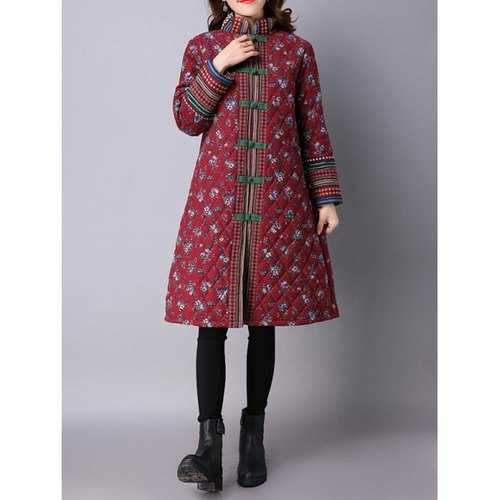 Flower Print Frog Button Quilted Coat - Deep Red M