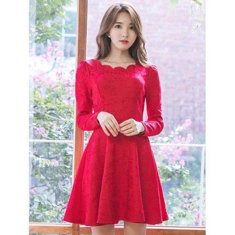 Scalloped Lace Flare Dress - Red L