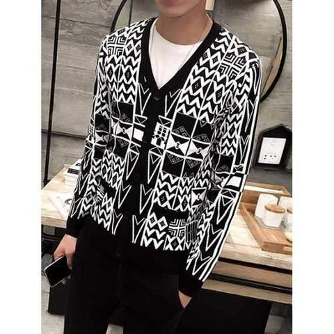 V-Neck Button Up Geometric Pattern Cardigan - Black L