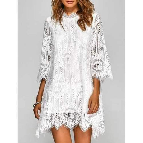 Loose Irregular Hem Openwork Lace Dress With Sleeves - White M