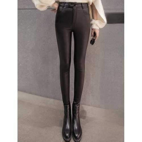 Buttoned Flocking Faux Leather Pants - Black Xl