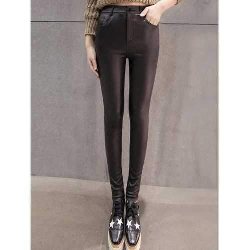 High Waist Flocking Faux Leather Pants - Black Xl