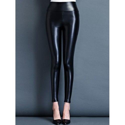 Stretchy Faux Leather Shiny Pants - Black M