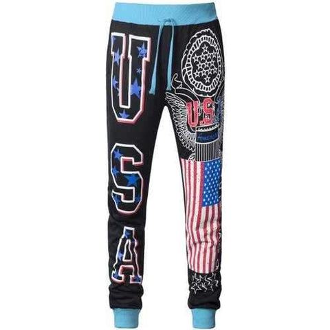 Flag Pattern Printed Drawstring Contrast Color Jogger Pants - Black 2xl