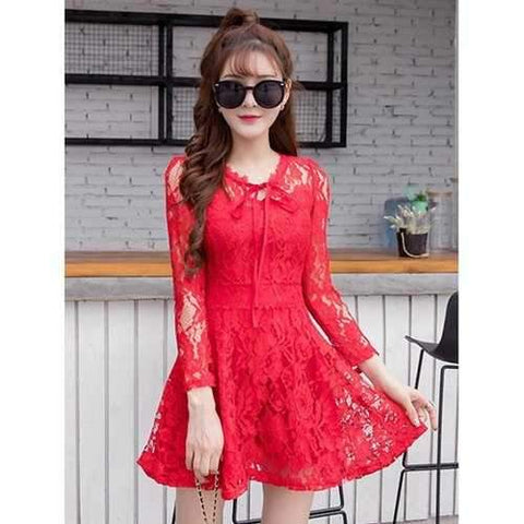 Long Sleeve Lace String A-Line Dress - Red Xl