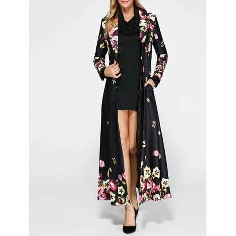 Floral Print Vintage Trench Coat Dress - Black L