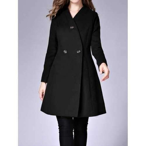 Snap Button Pockets Design Woolen Coat - Black S