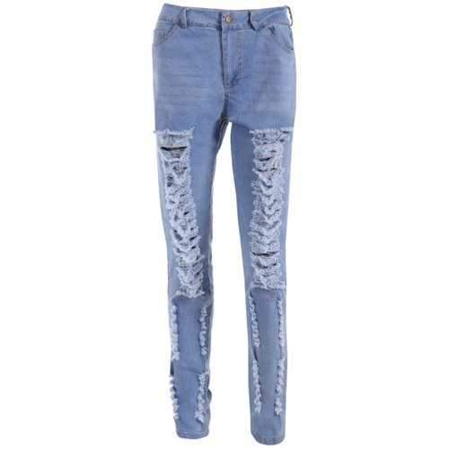 Bleach Wash Ripped Pencil Jeans - Light Blue L