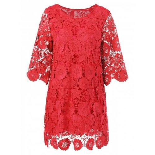 Lace Floral Sheer Shift Cocktail Dress - Red M