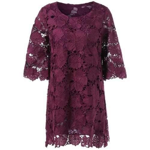 Sheer Lace Floral Overlay Shift Dress - Dark Red L