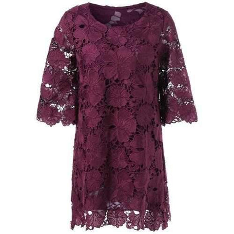 Sheer Lace Floral Overlay Shift Dress - Dark Red L