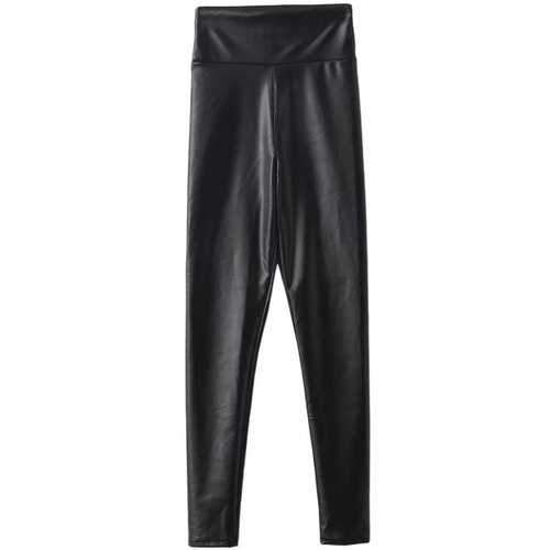 High Waist Leather Fleece Leggings - Black Xl