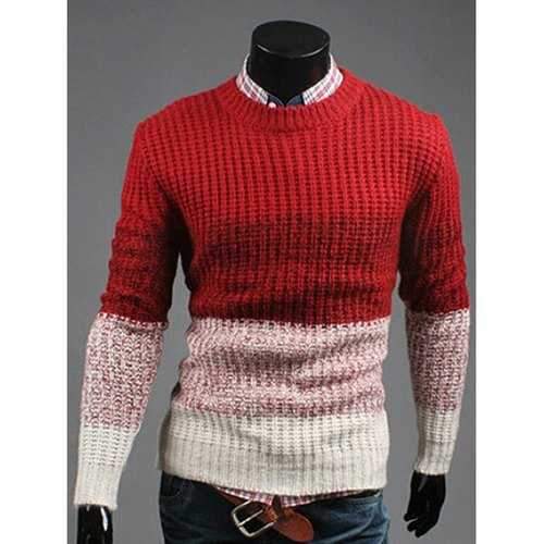 Contrast Color Striped Crew Neck Texture Sweater - Red M