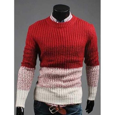 Contrast Color Striped Crew Neck Texture Sweater - Red M