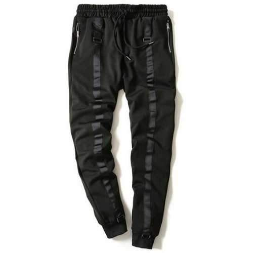 Drawstring Zip Stripe Embellished Beam Feet Jogger Pants - Black L