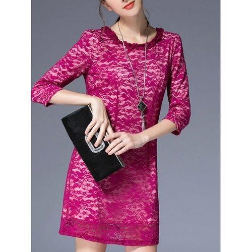 3/4 Sleeve Round Pleated Collar Lace Dress - Rose Madder L