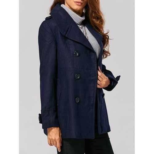 Fitting Woolen Pea Coat - Purplish Blue L