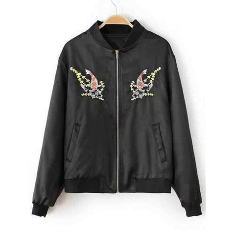 Fish Embroidered  Bomber Jacket - Black S