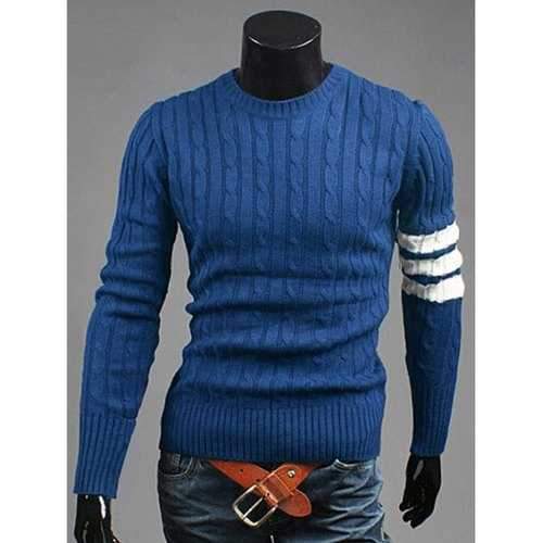 Crew Neck Long Sleeve Twist Striped Sweater - Cadetblue 2xl