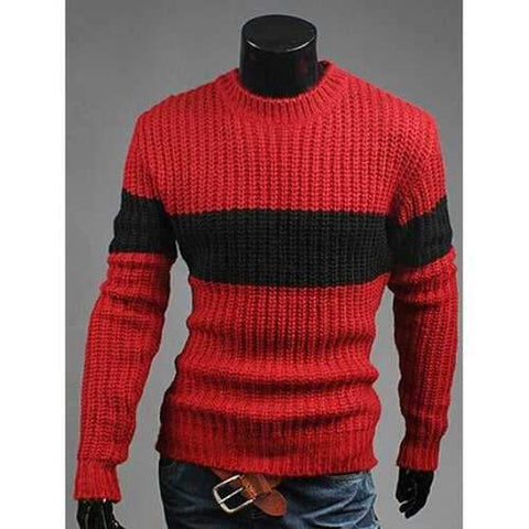 Crew Neck Color Matching Ribbed Sweater - Wine Red M