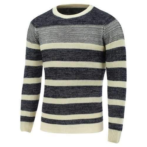 Crew Neck Color Block Striped Sweater - Cadetblue 2xl