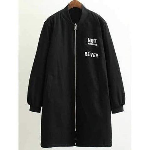 Stand Neck Letter Embroidered Cotton Linen Coat - Black 3xl