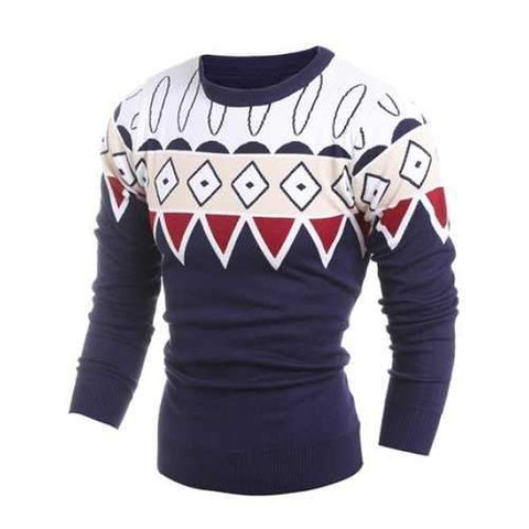 Geometric Pattern Ribbed Crew Neck Sweater - Purplish Blue L