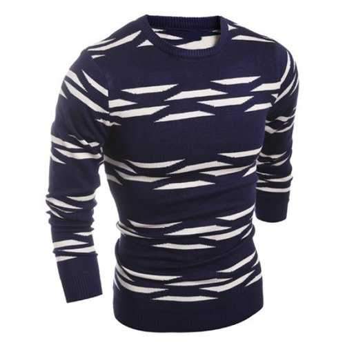 Geometric Pattern Crew Neck Flat Knitted Sweater - Cadetblue L